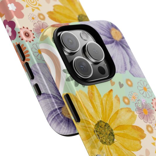 Boho Retro Sunflower Phone Case - Vintage Vibes with Hearts & Leaves