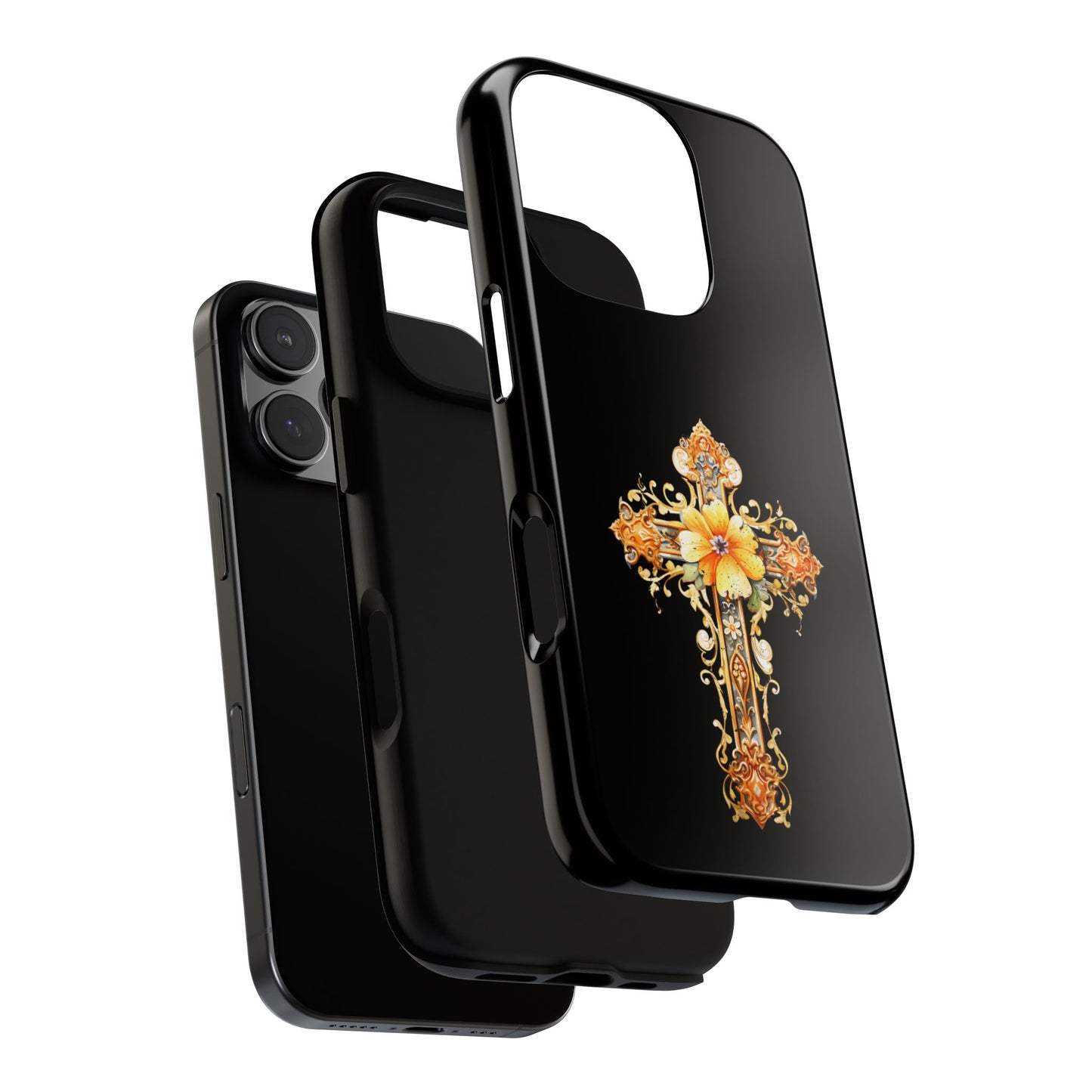 Baroque Cross Floral Tough Case for iPhone & Samsung - Ornate Faith Design on Black - Religious Gift Idea