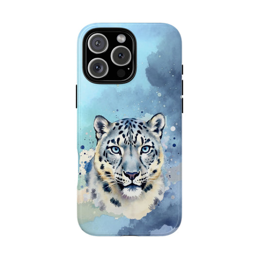 Snow Leopard Tough Phone Case - Arctic Spirit Wildlife Art - Blue Watercolor Animal Design