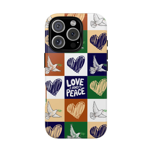 Love and Peace Dove Patchwork Tough Phone Case - Retro Heart Grid Design for iPhone 16 to 11, Samsung S25 to S20 and Google Pixel Various