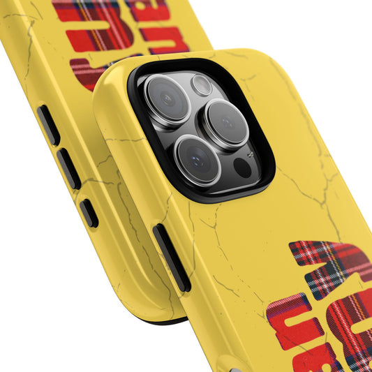 Tartan Army Phone Case - Bold Yellow Cracked Design with Scottish Plaid Text