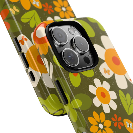 Retro Boho Floral Phone Case with Butterflies - 70s Style Tough Case for Popular Smartphones - Vintage Flower Power Pattern Cover