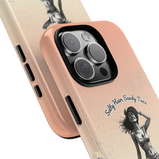 Salty Hair Sandy Toes Phone Case - Retro Summer Beach Girl Art for Popular Smartphones - Barefoot Vibes Tough Case - Aesthetic Sunset Colors