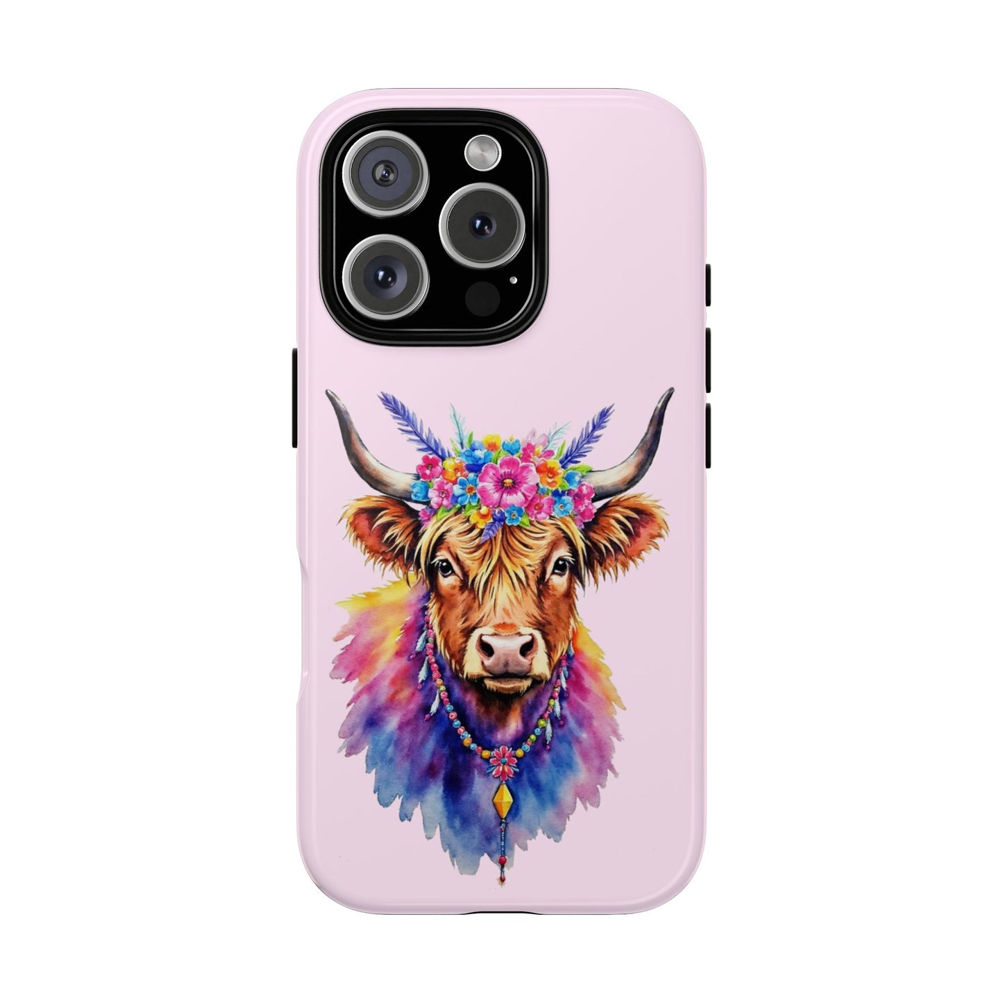 Highland Cow Phone Case - Boho Cow with Flowers & Beads - Psychedelic Watercolor Cow