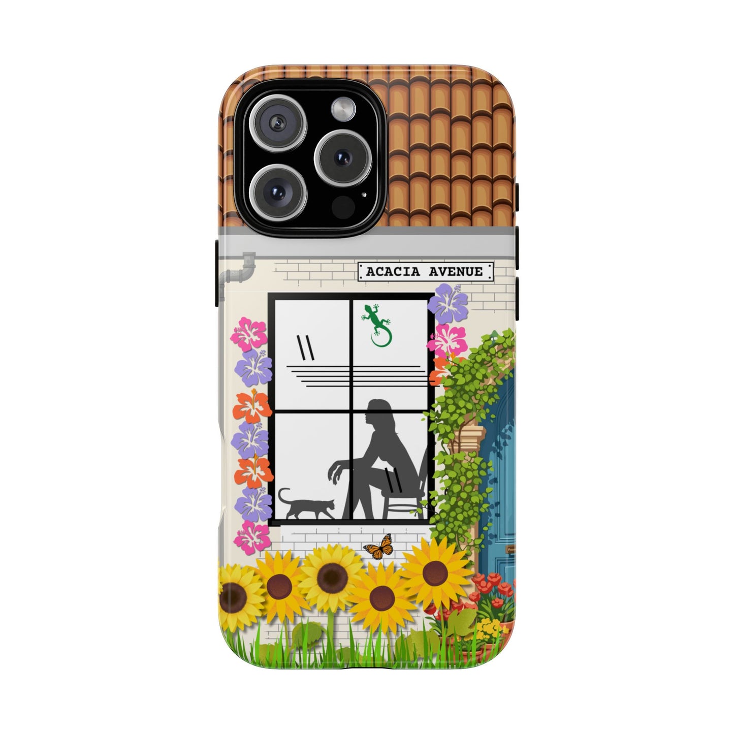 Acacia Avenue Suburbia Phone Case - Sunny Floral Window Scene with Cat & Silhouette