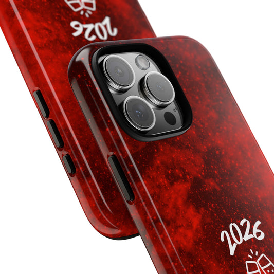 2026 New Year Tough Phone Case - Red Spark Texture - Champagne Toast Design