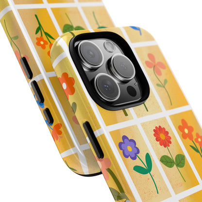 Retro Floral Grid Phone Case - Vintage Summer Flowers on Textured Gradient Background for iPhone & Samsung, Cute Tough Case Wraparound