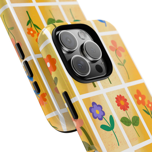 Retro Floral Grid Phone Case - Vintage Summer Flowers on Textured Gradient Background for Popular Smartphones, Cute Tough Case Wraparound