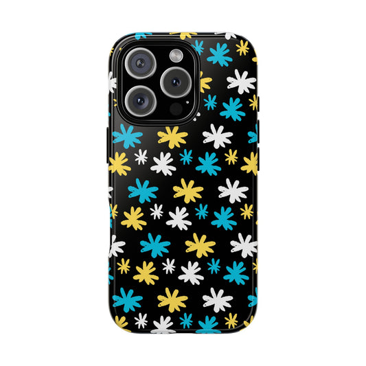 Dopamine Daisy Tough Phone Case - Bright Blue, Yellow & White Flowers on Black for iPhone and Samsung