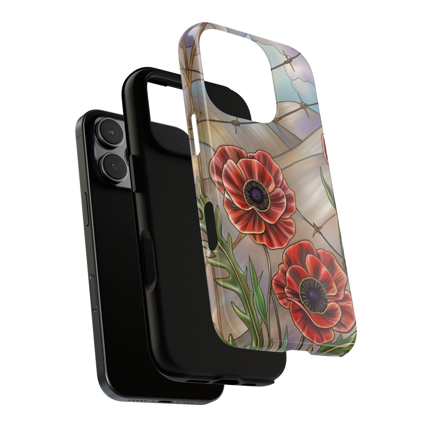 Stained Glass Poppies Phone Case - WWI Memorial Design with Barbed Wire - Tough Case for iPhone & Samsung Galaxy