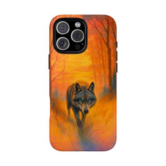 Sunset Wolf - Fiery Forest Phone Case - Bold Animal Art Design - Lone Wolf Illustration - Nature Inspired Tough Case