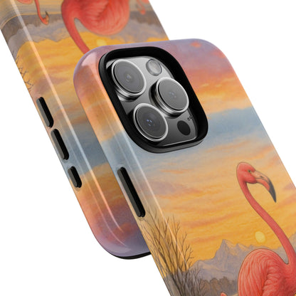 Flamingo Sunset Art Tough Phone Case - Watercolour Wildlife Design - Lake Reflection Bird Illustration Nature Cover