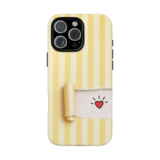 Valentine Phone Case - Yellow Striped Ripped Paper Heart Design - Minimal Love Gift