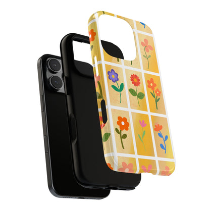 Retro Floral Grid Phone Case - Vintage Summer Flowers on Textured Gradient Background for iPhone & Samsung, Cute Tough Case Wraparound