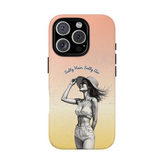 Salty Hair Salty Air Phone Case - Retro Beach Vibes Case for Popular Smartphones - Vintage Summer Girl Art - Coastal Tough Case Aesthetic
