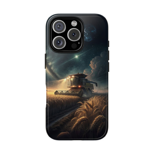 Night Harvest Tough Phone Case - Combine Harvester at Night in Spotlight Wheat Field
