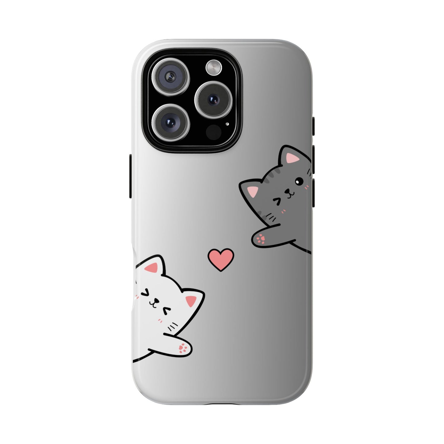 Cute Cat Couple Phone Case - Kawaii Cat & Heart Design - Protective Tough Case