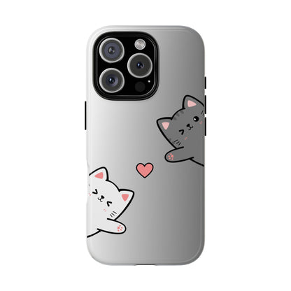 Cute Cat Couple Phone Case - Kawaii Cat & Heart Design - Protective Tough Case
