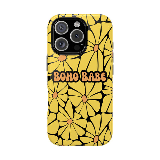 Boho Babe Yellow Flower Phone Case - Retro Boho Floral on Black Background, Bold Aesthetic Tough Case for iPhone & Samsung