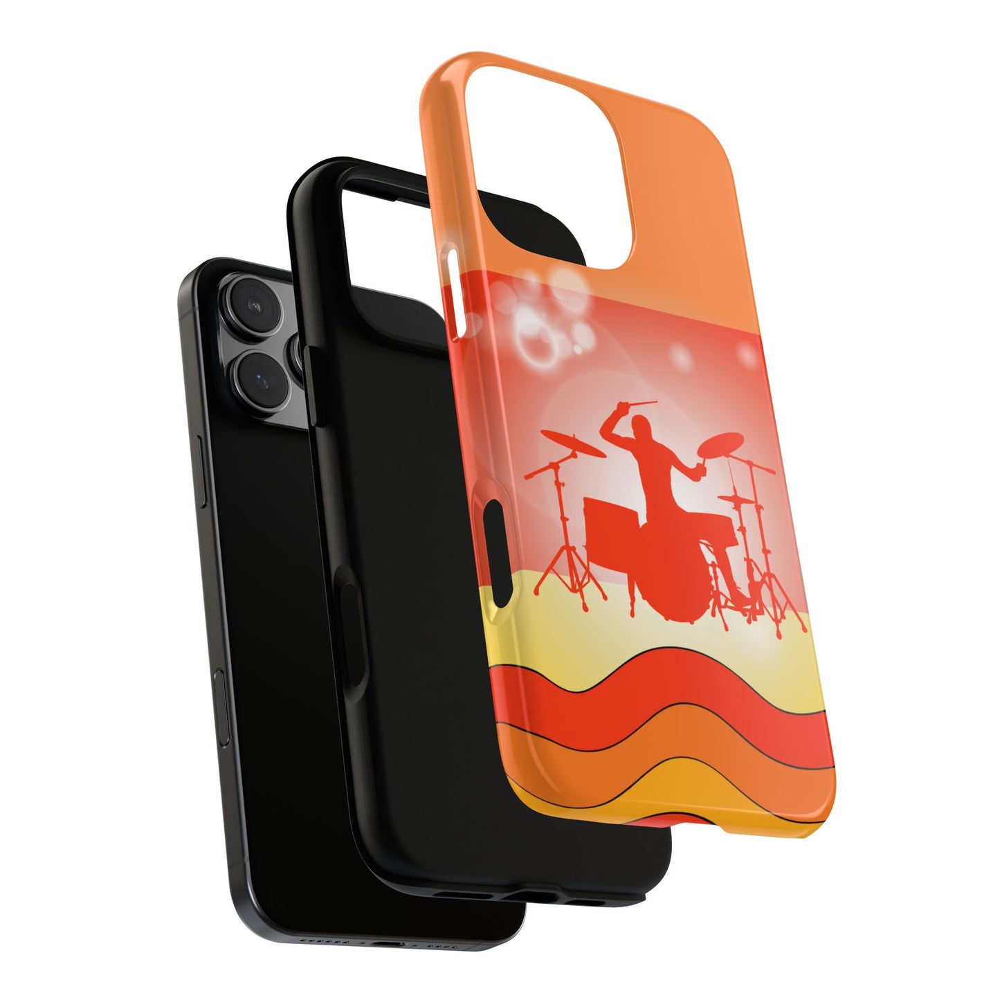Retro Drummer Tough Phone Case - Music Silhouette Design - Orange Wave Pattern