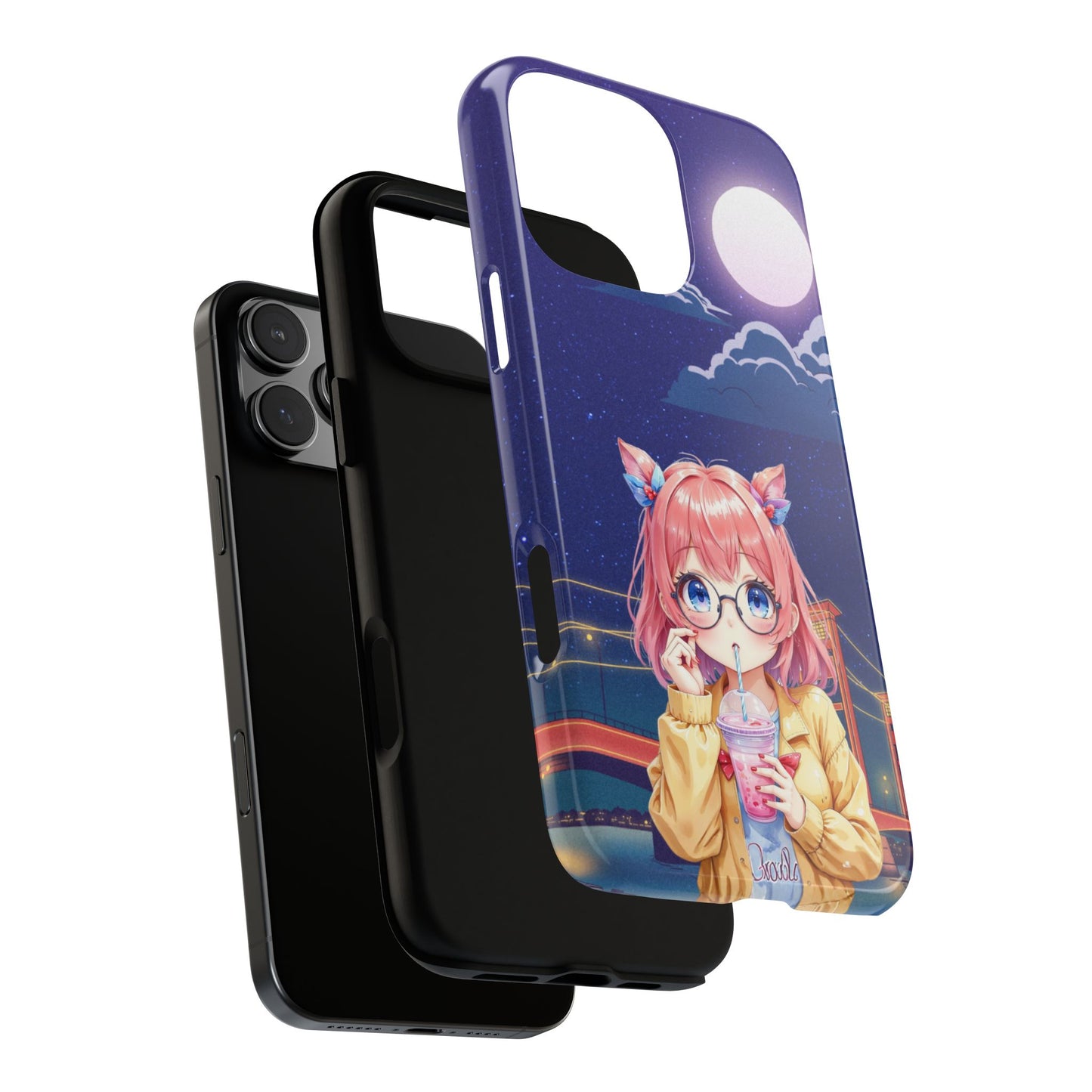 Moonlit Bridge Girl - Anime Style Tough Phone Case - Aesthetic Night Sky Design - Protective & Stylish Cover