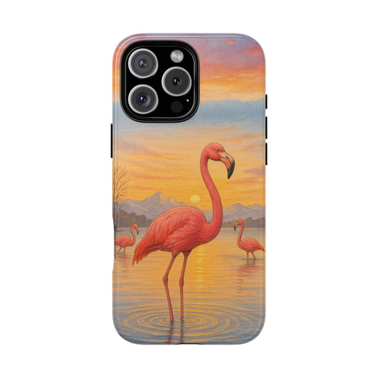 Flamingo Sunset Art Tough Phone Case - Watercolour Wildlife Design - Lake Reflection Bird Illustration Nature Cover