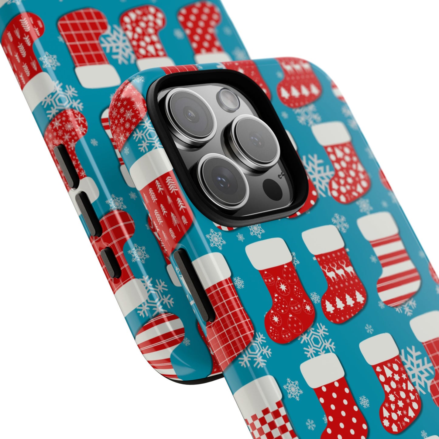 Red Christmas Stockings Tough Phone Case - Festive Holiday Pattern on Blue Background