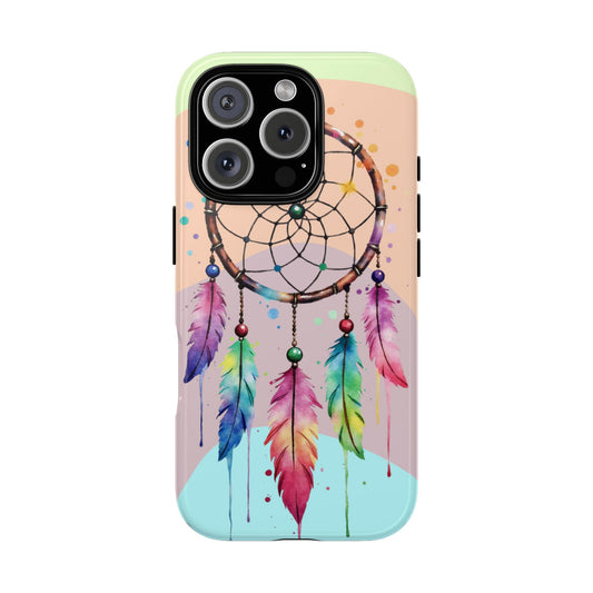 Boho Rainbow Dreamcatcher Tough Phone Case - Watercolor Feathers, Bohemian Aesthetic Protective Cover for iPhone, Samsung & Google Pixel