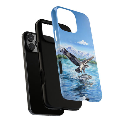 Osprey Fishing Scene Tough Phone Case - Mountain Lake Wildlife Design - Bird Illustration With Salmon Nature Art Cover