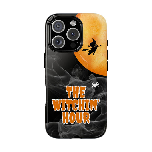 Witchin Hour Tough Phone Case - Halloween Design with Witch Flying Over Moon  Spider for Popular Smartphones