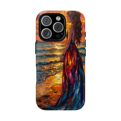 Sunset Woman Stained Glass Effect Phone Case, Beach 3D Mosaic Pearl Tough Case for Popular Smartphones, Unique Protective Gift