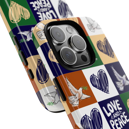 Love and Peace Dove Patchwork Tough Phone Case - Retro Heart Grid Design for iPhone 16 to 11, Samsung S25 to S20 and Google Pixel Various
