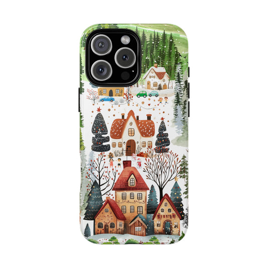 Scandi Christmas Village Tough Phone Case - Cozy Winter Cottage Scene - Nordic Festive Illustration