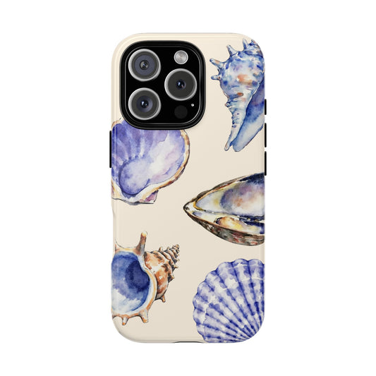 Blue Watercolor Seashell Tough Phone Case - Coastal Shell Design on Cream, for iPhone 16 15 14 13 12 11 Pro Max, Samsung & Google Pixel