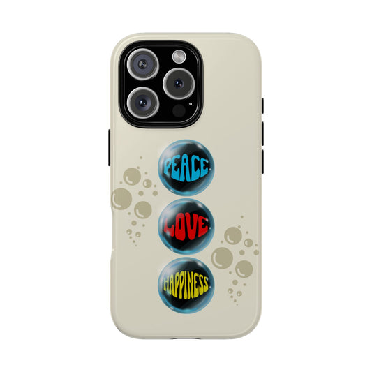 Peace, Love, Happiness Tough Phone Case - Retro Bubble Design on Cream Background for iPhone 16 to 11, Samsung S25 to S20 & Google Pixel
