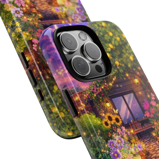 Enchanted Garden Tough Phone Case - Firefly Night Garden Illustration - Cottagecore Design