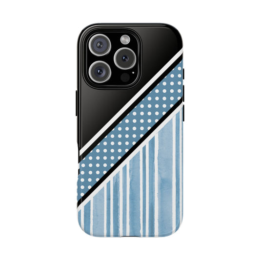 Polka Power Stripe Tough Phone Case - Abstract Pale Blue, Black & White with Diagonal Detail for iPhone 16 - 11, Samsung and Google Pixel