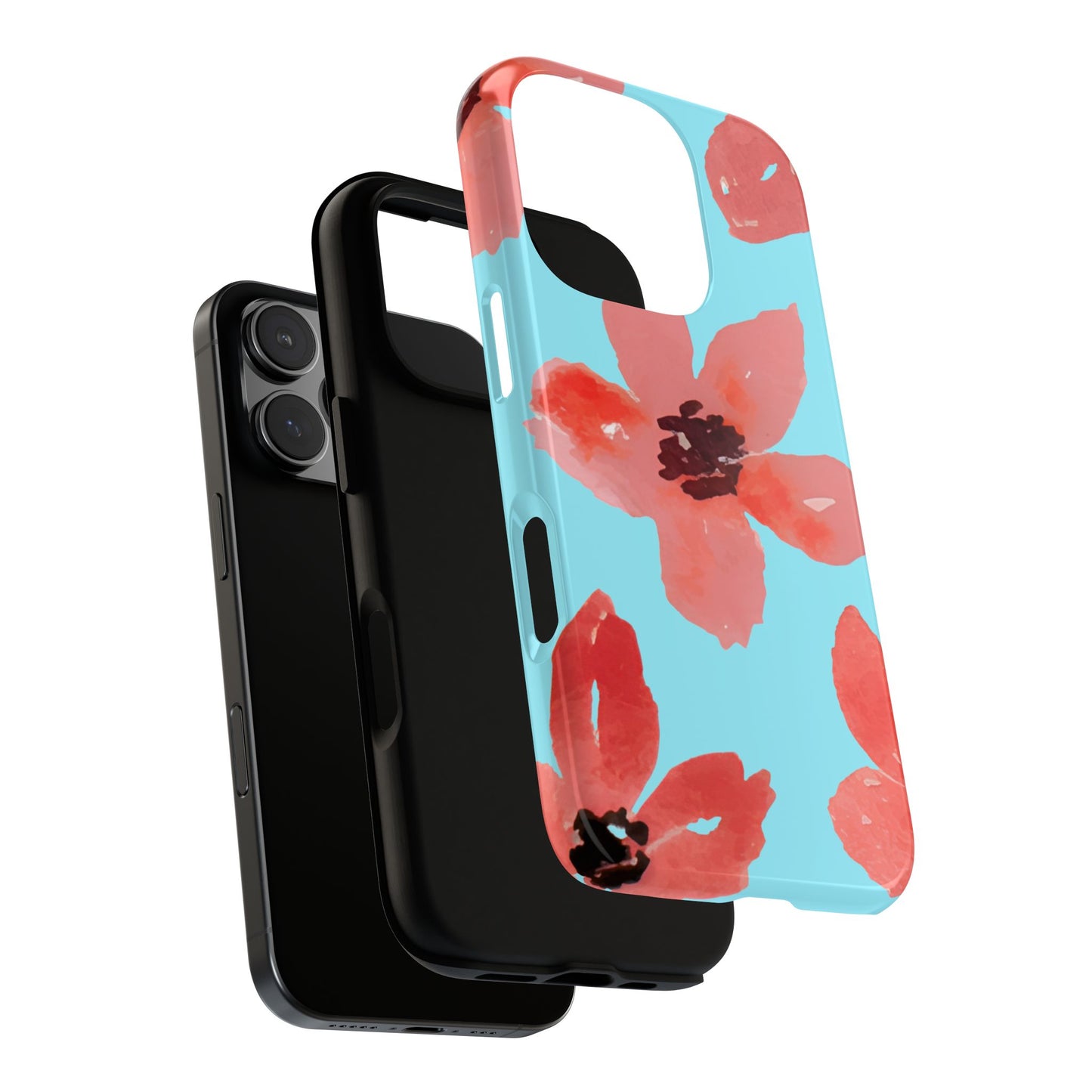 Retro Red Wildflowers on Pale Blue - Loosely Painted Watercolor Tough Phone Case, for iPhone, Samsung & Google Pixel