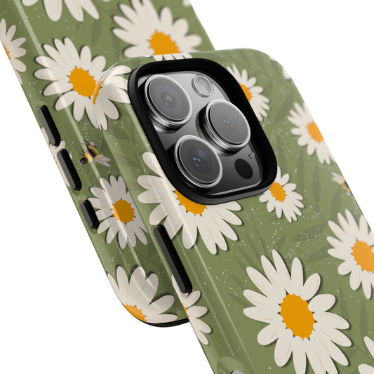 Daisy Days Phone Case - Vintage Style Floral Tough Case for Popular Smartphones - Retro Daisies on Green Background