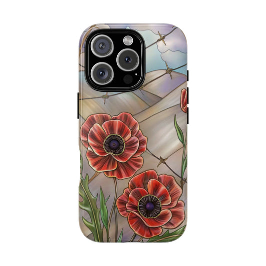 Stained Glass Poppies Phone Case - WWI Memorial Design with Barbed Wire - Tough Case for iPhone & Samsung Galaxy