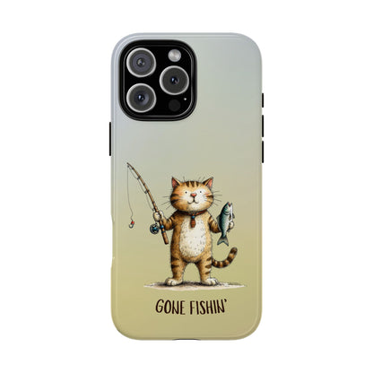 Funny Cat Fishing Phone Case - Gone Fishin' Cute Cat Design - Fisherman Gift Idea - Animal Humor Case - Tough Protective Cover