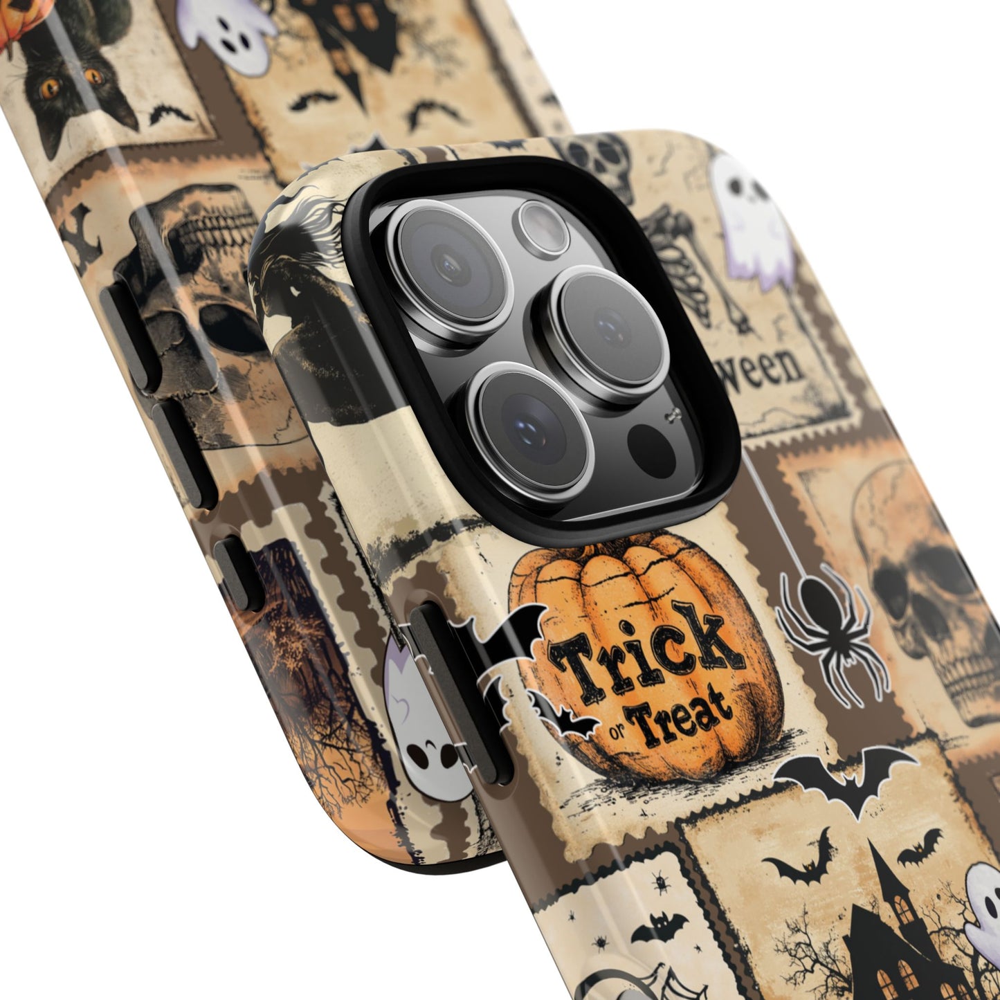 Vintage Halloween Stamp Phone Case - Witch Skull Pumpkin Cat Design - Spooky Collage