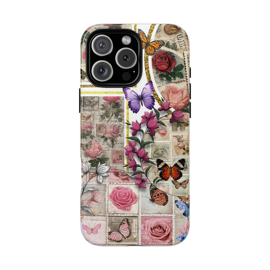 Vintage Butterfly & Rose Phone Case - Floral Collage Art - Tough Cottagecore Design