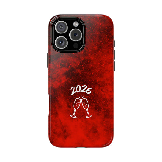 2026 New Year Tough Phone Case - Red Spark Texture - Champagne Toast Design