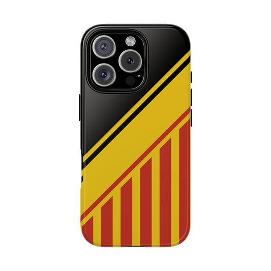 Diagonal Power Stripes Tough Phone Case - Geometric Abstract in Yellow, Red & Black for iPhone 16 - 11, Samsung S25 - S20 and Google Pixel