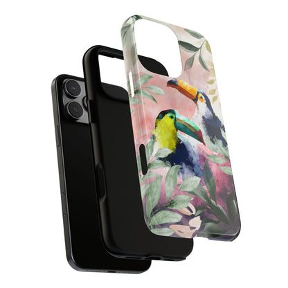 Toucan Watercolor Art Tough Phone case - Tropical Bird Leaf Design Phone Cover - Colourful Jungle Illustration Protective Case