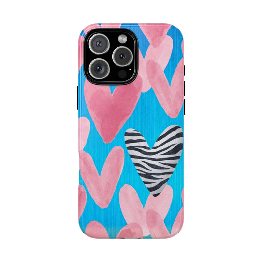 Zebra Heart Valentine Phone Case - Watercolor Pink Hearts Background