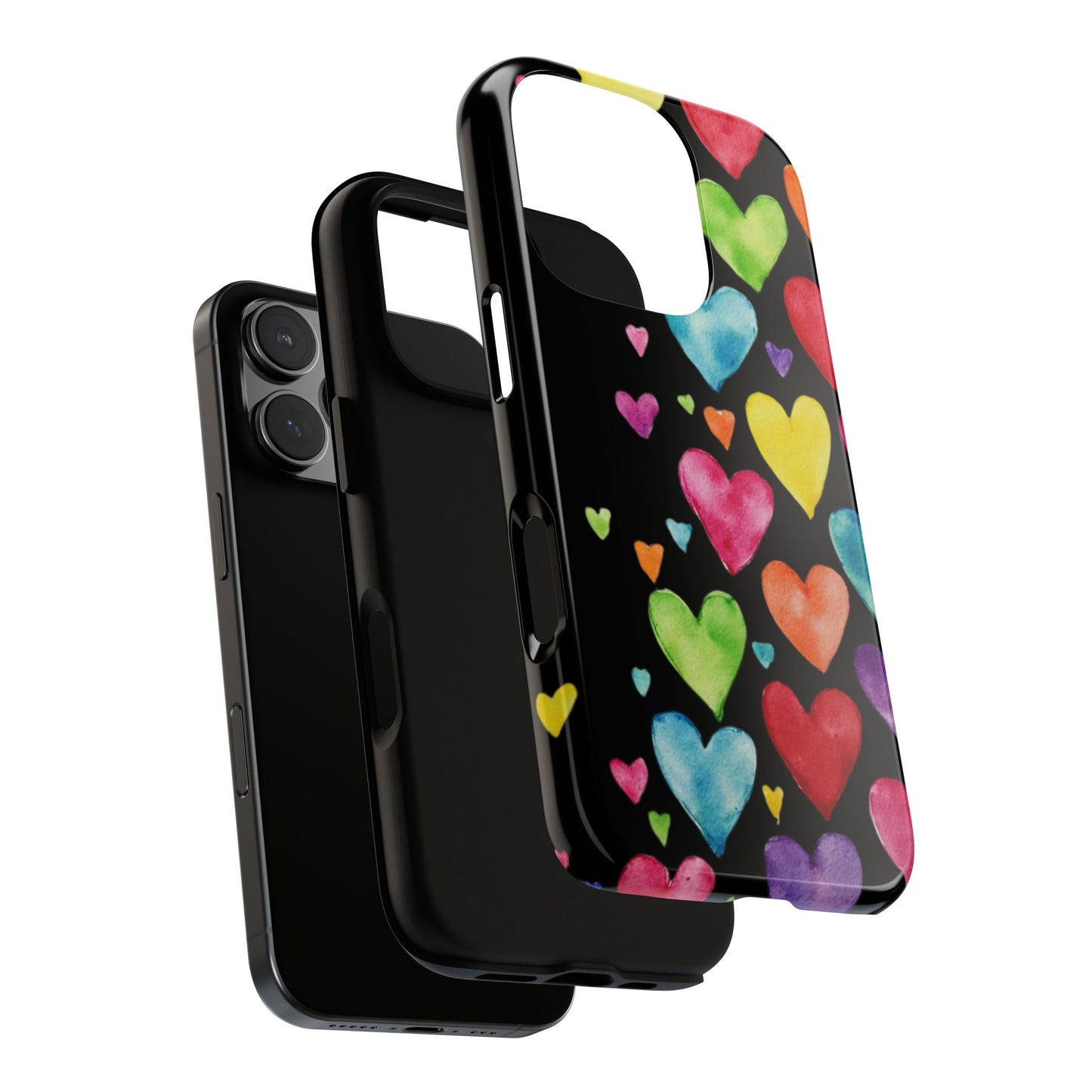 Rainbow Hearts Phone Case - Colorful Watercolor Heart Design on Black Background - Tough Protective Case