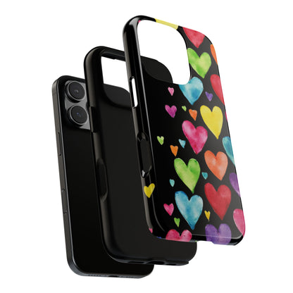 Rainbow Hearts Phone Case - Colorful Watercolor Heart Design on Black Background - Tough Protective Case