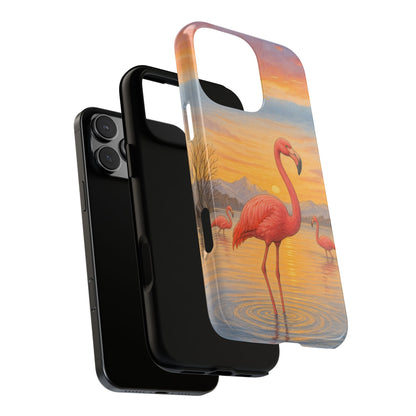 Flamingo Sunset Art Tough Phone Case - Watercolour Wildlife Design - Lake Reflection Bird Illustration Nature Cover